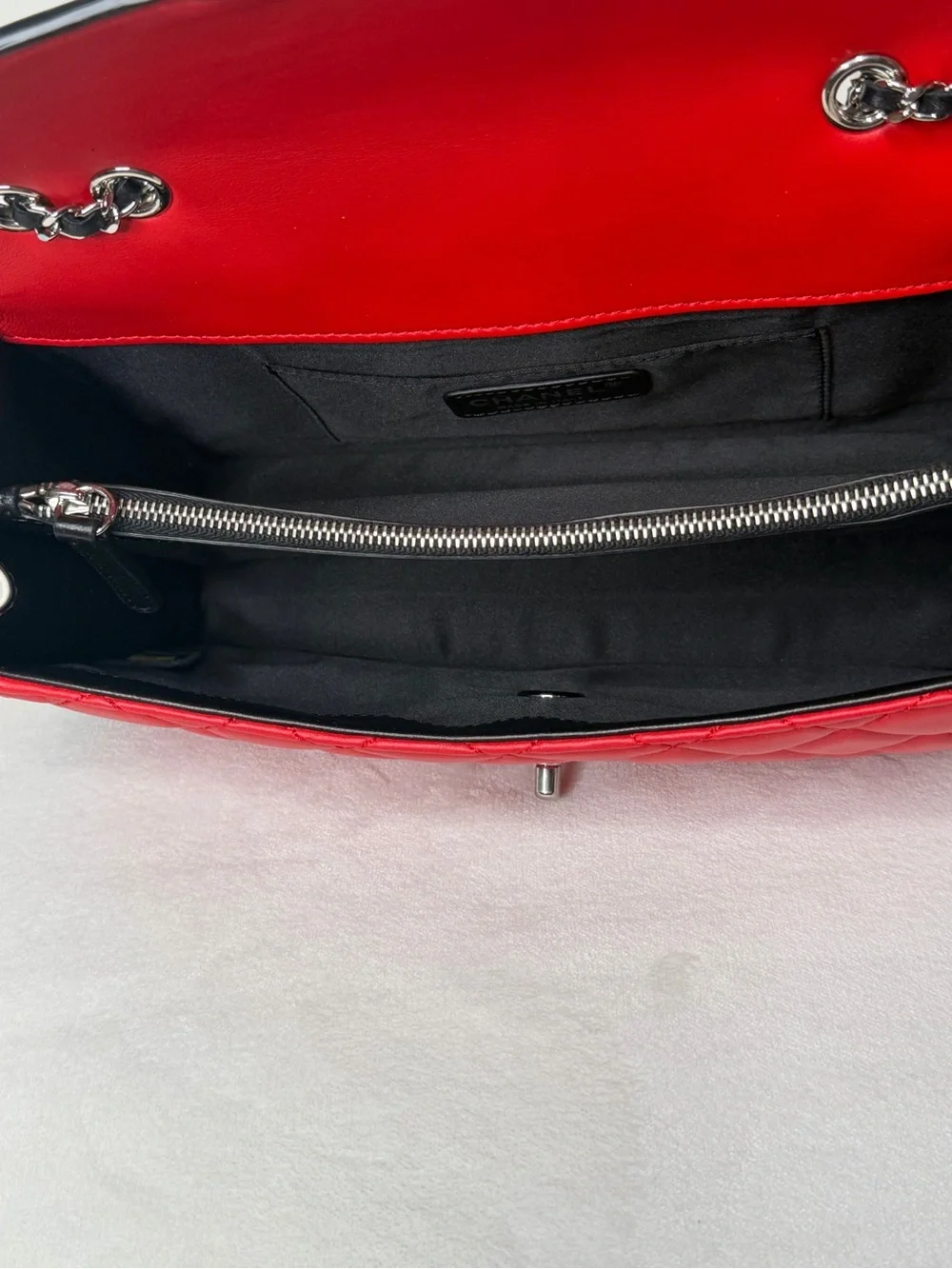 CHANEL Red, Black, and White Quilted Lambskin Single Flap Bag with Chain Strap